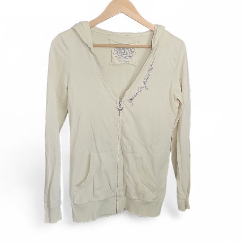 Guess Vintage Rhinestone Zip Hoodie Women’s M Butter Cream Y2K Coquette